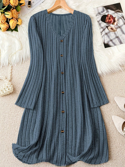 Comfortable Ribbed Knit Sweater Dress for Women with V Neck Long Sleeve Button Front Flowing Style