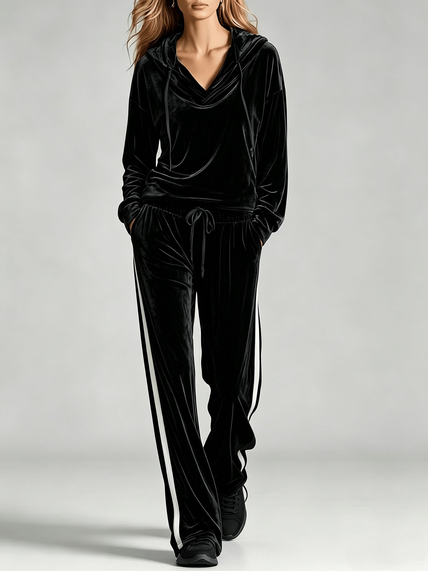 Cozy Velvet Sweatsuit for Women with Cowl Neck Long Sleeve Drawstring Side Stripe Relaxed Style