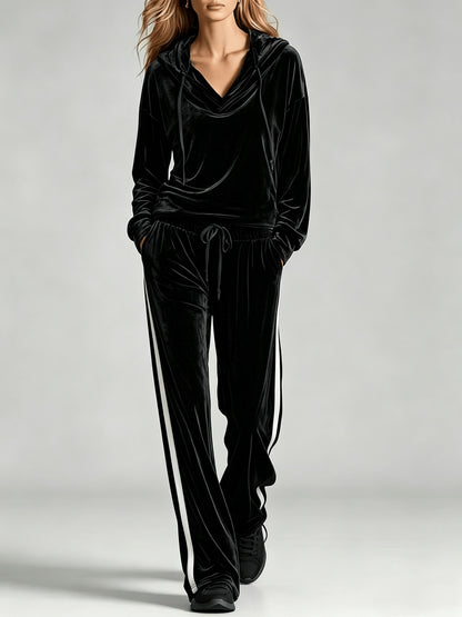 Cozy Velvet Sweatsuit for Women with Cowl Neck Long Sleeve Drawstring Side Stripe Relaxed Style