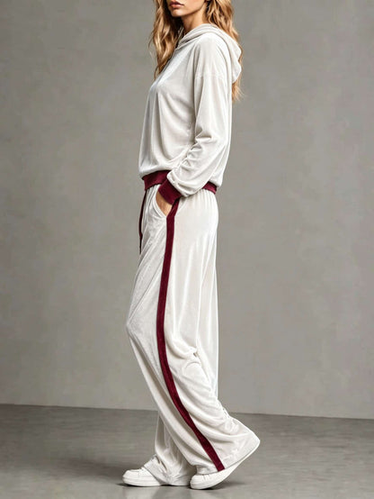 Cozy Velvet Colorblock Sweatsuit for Women with Hooded Long Sleeve Wide Leg Drawstring Two Piece Style