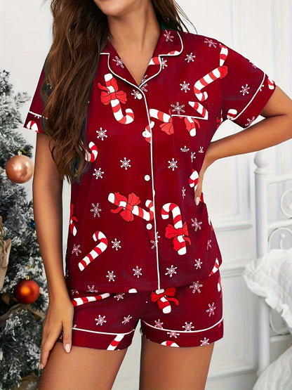 Cozy Candy Cane Print Christmas Holiday Pajamas for Women with Notch Collar Short Sleeve Two Piece Style