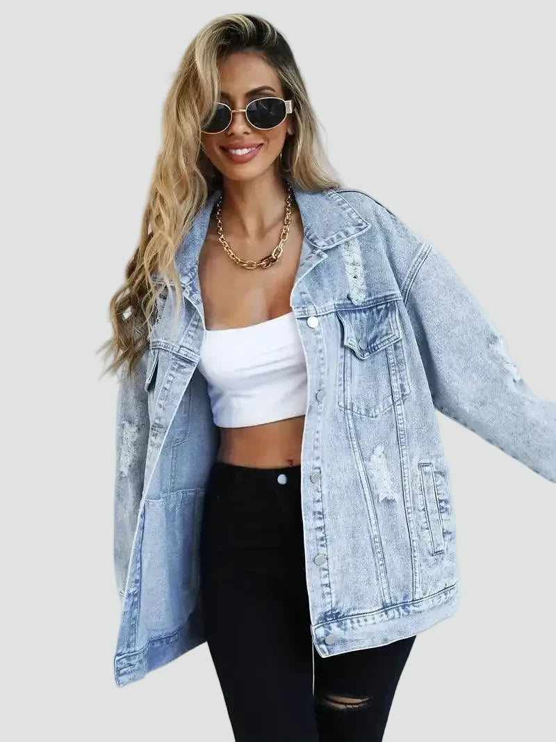 Effortless Light Blue Denim Jacket for Women with Spread Collar Long Sleeve Distressed Oversized Style