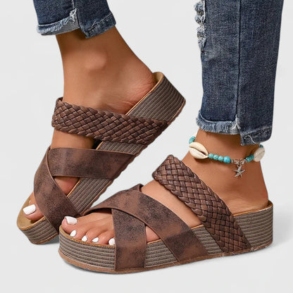 Comfortable Orthopedic Sandals for Women with Woven Crossover Strap Wedge Platform Slip On Open Toe Style