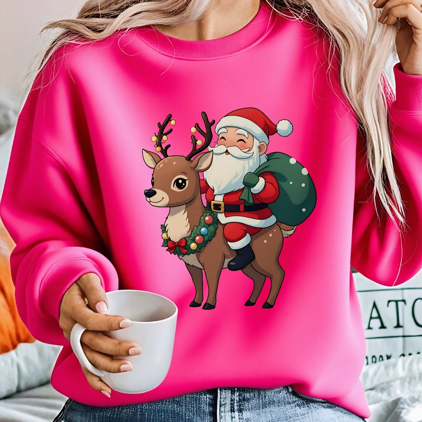 Cozy Graphic Christmas Tacky Sweater for Women with Crew Neck Long Sleeve Santa Reindeer Print Pullover Style
