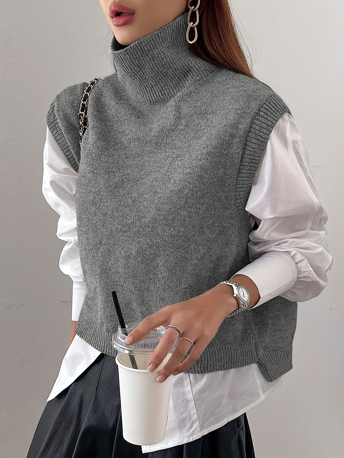 Cozy Sleeveless Turtleneck Vest for Women with High Neck Ribbed Knit Side Slit Style