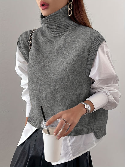 Cozy Sleeveless Turtleneck Vest for Women with High Neck Ribbed Knit Side Slit Style