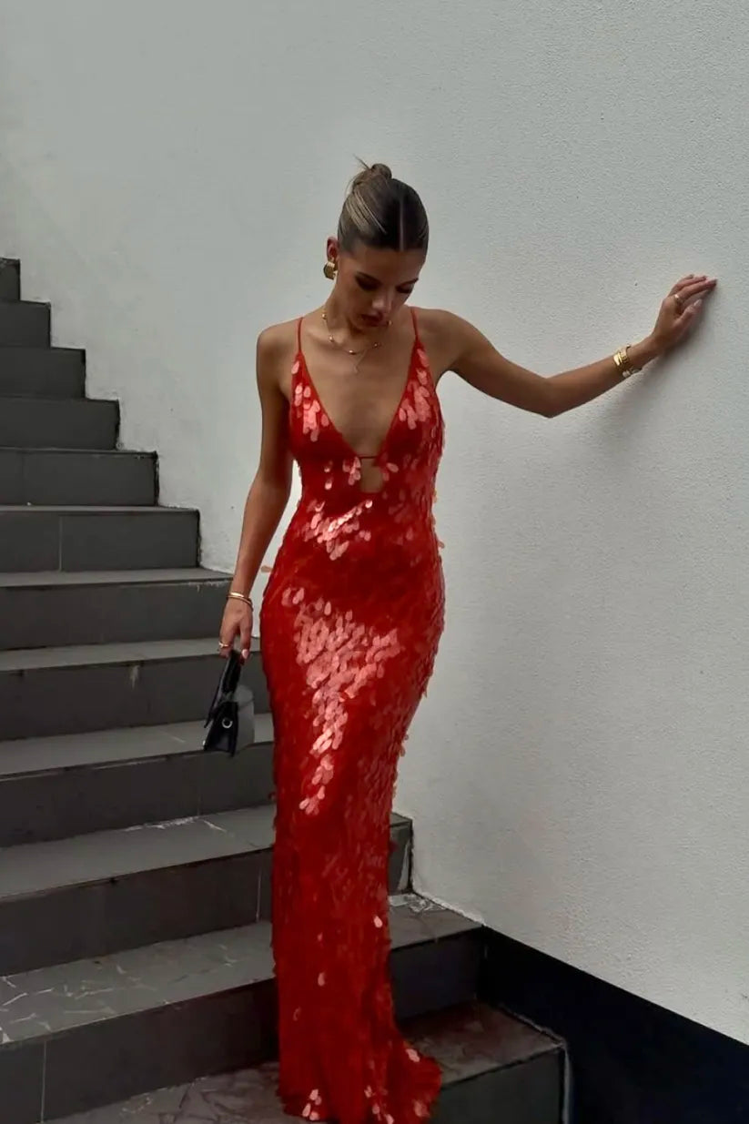 Elegant Red Sequin Dress for Women with V Neck Spaghetti Strap Cutout Mermaid Sparkle Formal Party Style