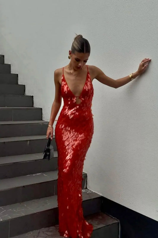 Elegant Red Sequin Dress for Women with V Neck Spaghetti Strap Cutout Mermaid Sparkle Formal Party Style