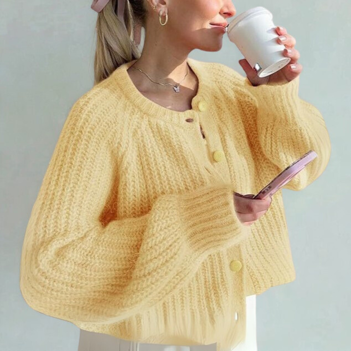 Cozy Knit Cardigan for Women with Round Neck Long Sleeve Button Front Ribbed Relaxed Style