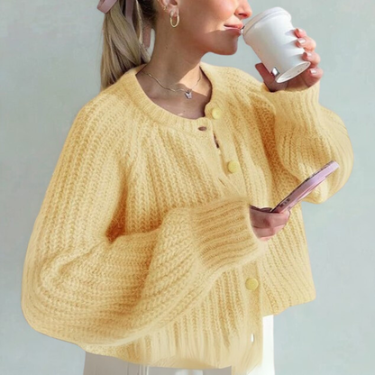 Cozy Knit Cardigan for Women with Round Neck Long Sleeve Button Front Ribbed Relaxed Style