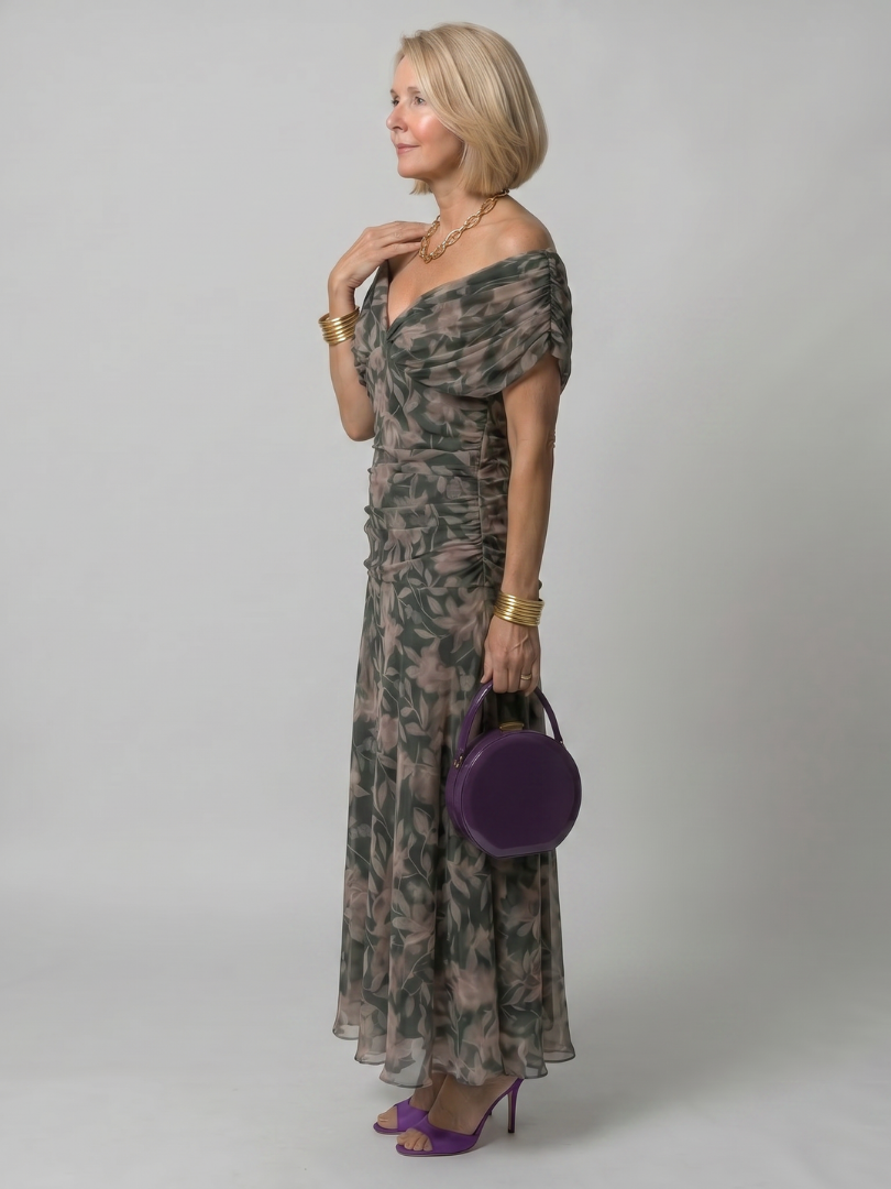 Elegant Purple Dress for Women with V Neck Flutter Sleeve Floral Ruched Maxi Wedding Guest Style