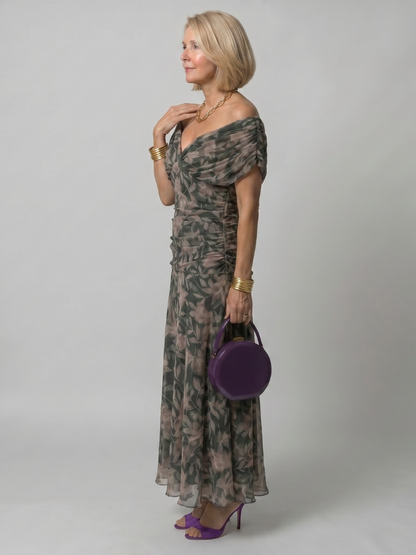 Elegant Purple Dress for Women with V Neck Flutter Sleeve Floral Ruched Maxi Wedding Guest Style