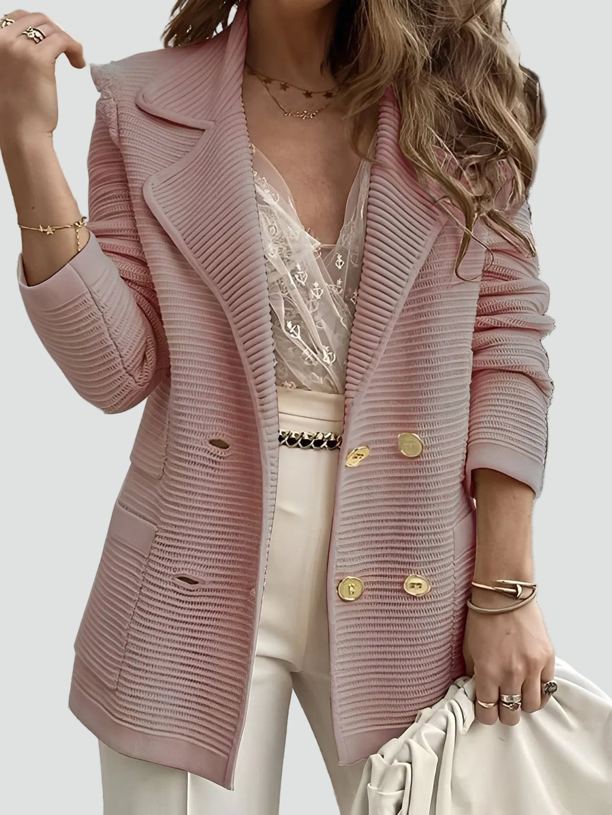 Elegant Blazer for Women with Notched Lapel Long Sleeve Double Breasted Gold Button Textured Style