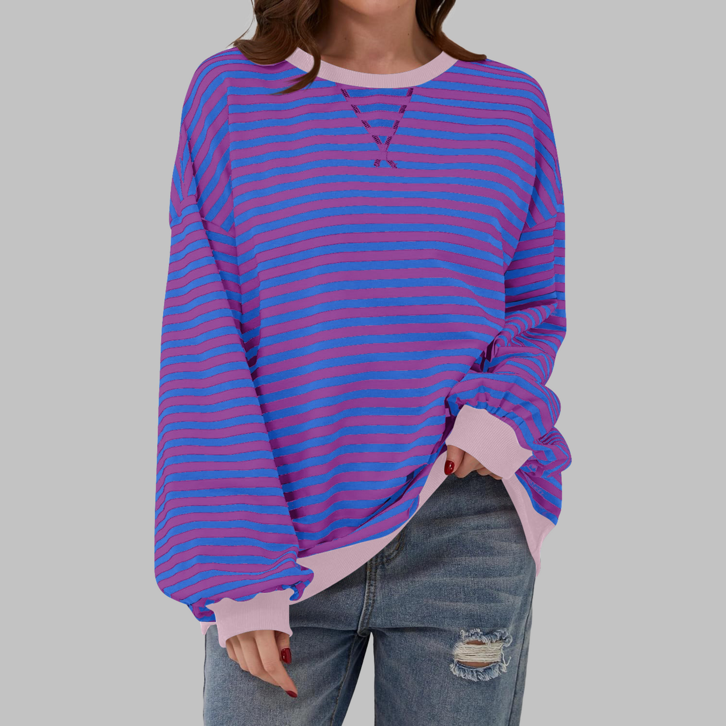 Comfortable Striped Sweatshirt for Women with Crew Neck Long Sleeve Contrast Trim Oversized Style