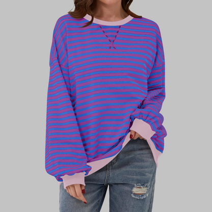 Comfortable Striped Sweatshirt for Women with Crew Neck Long Sleeve Contrast Trim Oversized Style