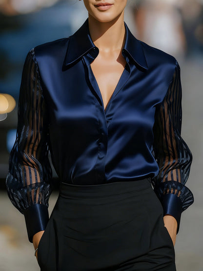 Elegant Satin Blouse for Women with Collared Button Up Sheer Stripe Sleeve Business Casual Style