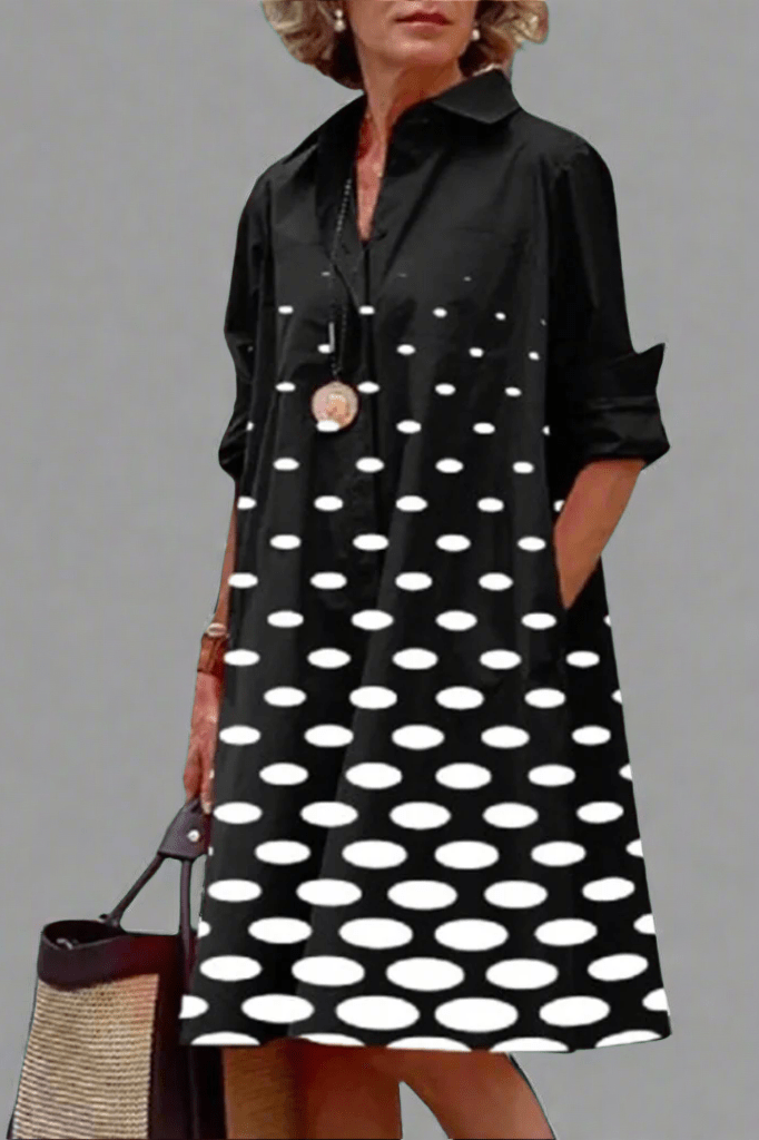 Jackie | Elegant Black Shirt Dress for Women with Polka Dot Print