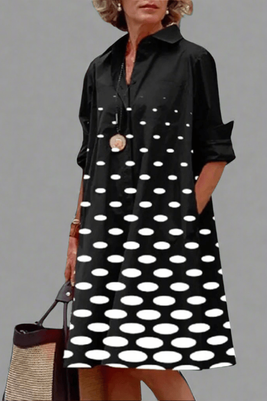 Jackie | Elegant Black Shirt Dress for Women with Polka Dot Print