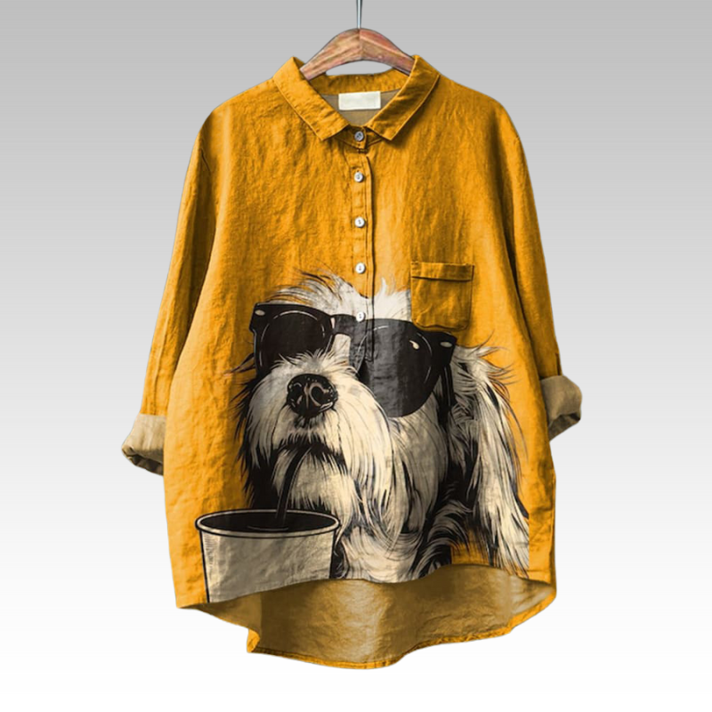 Effortless Yellow Dog Print Linen Shirt for Women with Collar Long Sleeve High Low Hem Casual Style