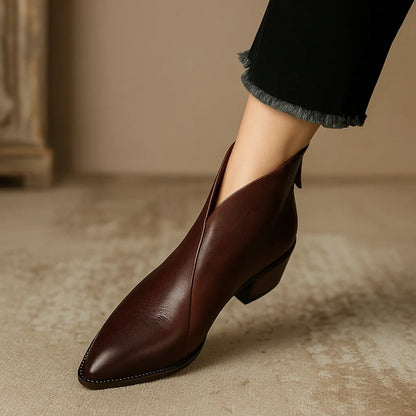 Elegant Leather Ankle Women Boots with Pointed Toe Block Heel Side Zip Style