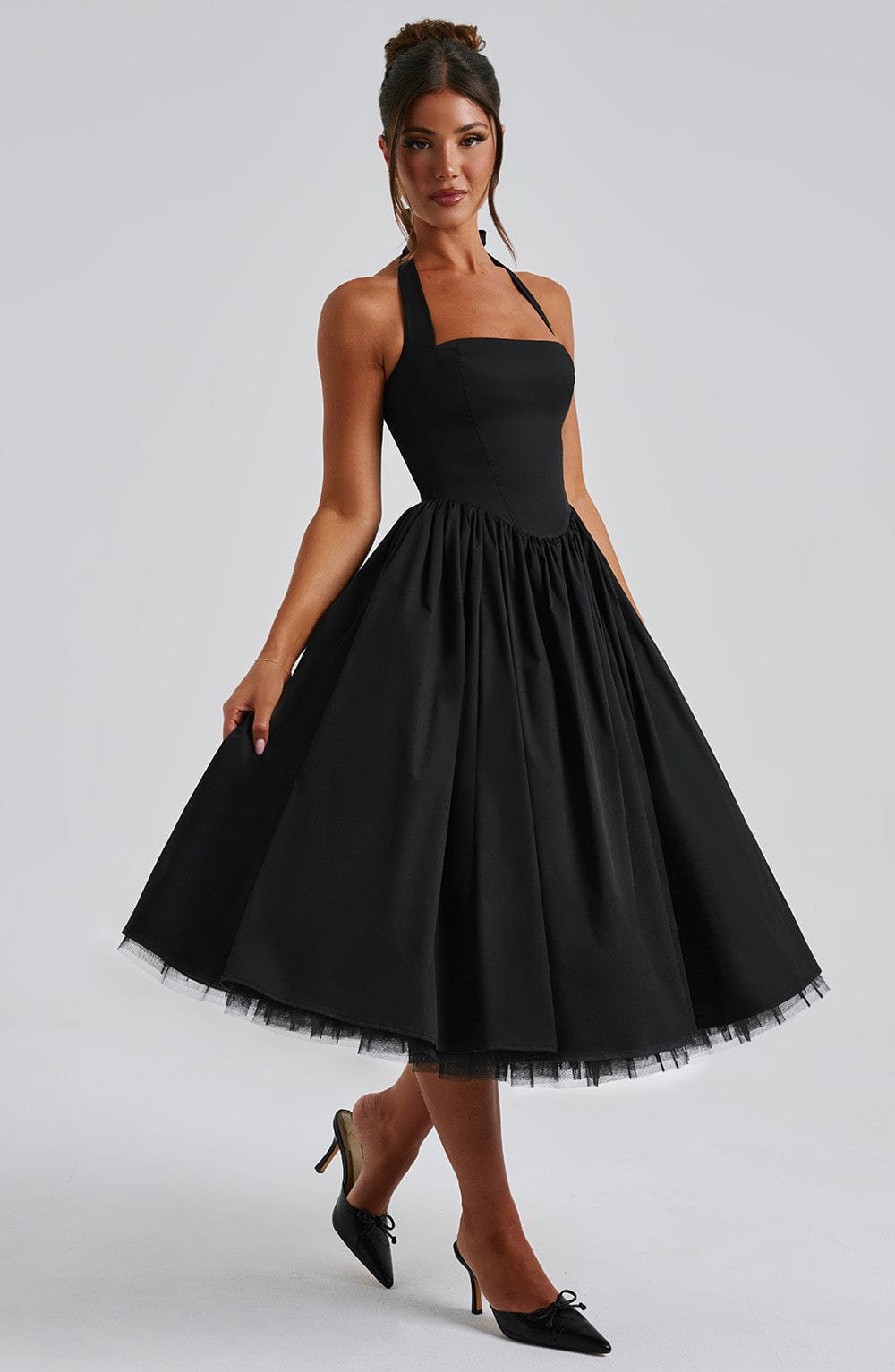 Gabrielle | Elegant White Formal Wedding Guest Dress in A Line Midi Style