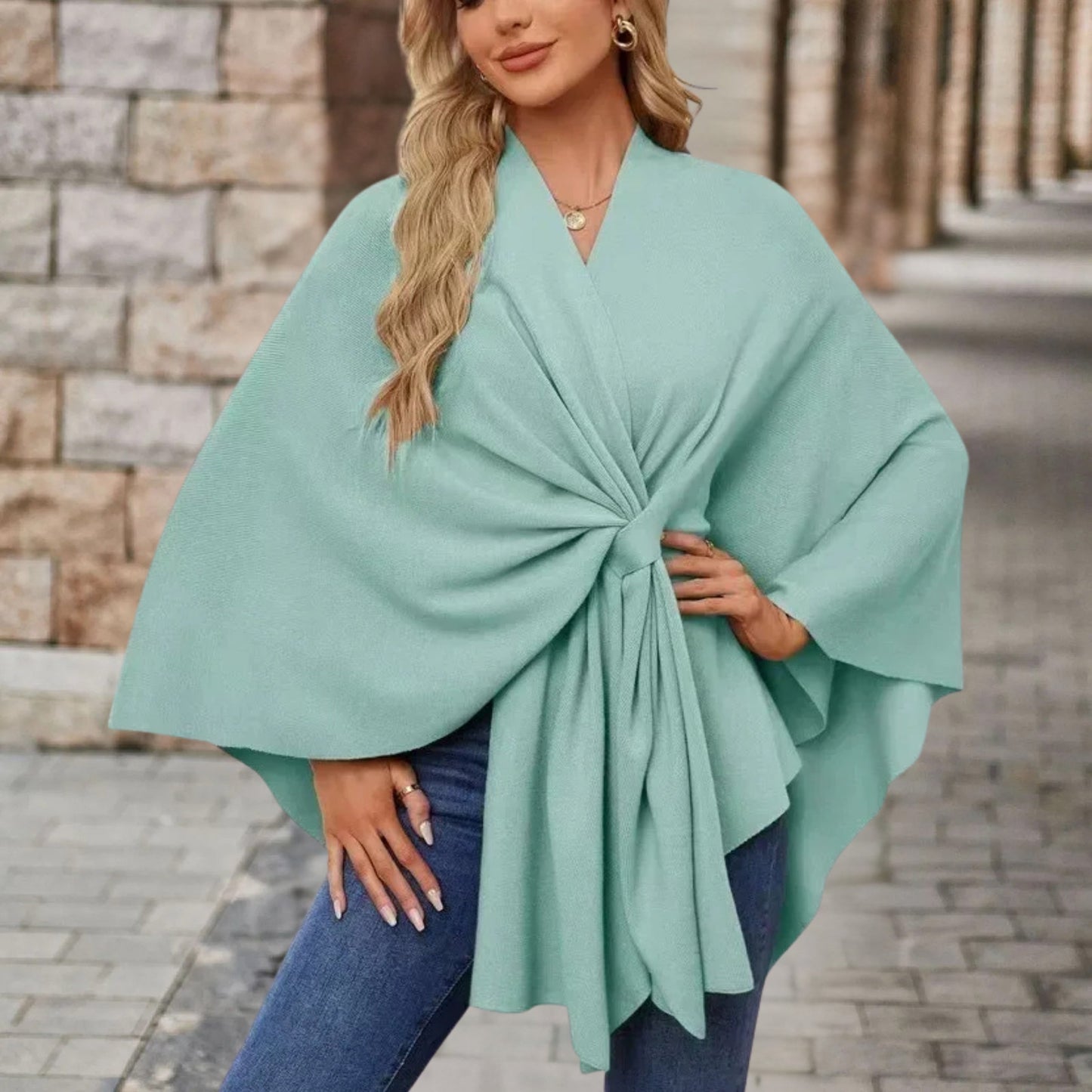 Elegant Knit Poncho for Women with V Neck Batwing Sleeve Tie Waist Wrap Style