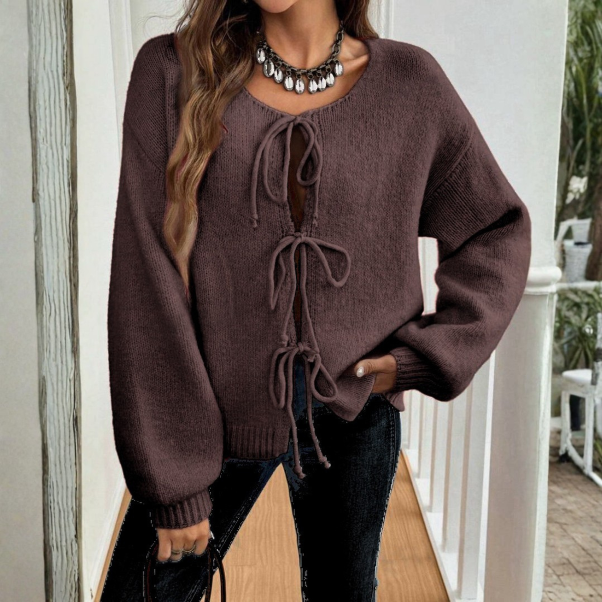 Cozy Knit Cardigan for Women with Round Neck Long Sleeve Tie Front Relaxed Style