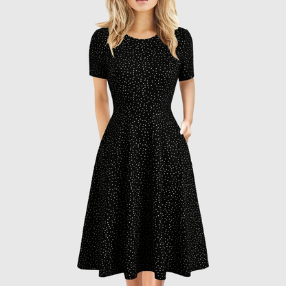 Elegant A Line Dress for Women with Round Neck Short Sleeve Fit and Flare Midi Casual Retro Style