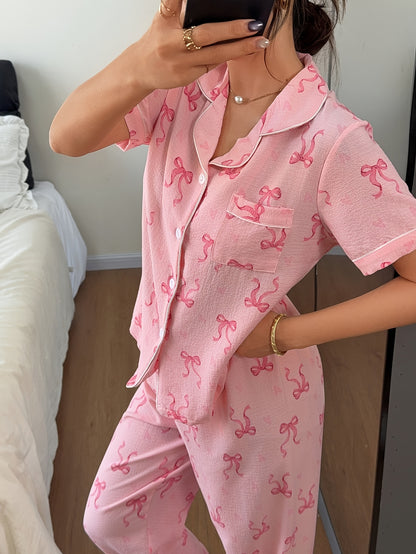 Comfortable Bow Print Pajama Set for Women with Notched Collar Short Sleeve Button Front Two Piece Style