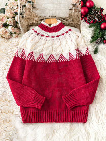 Cozy Red Fair Isle Christmas Tacky Sweater for Women with Mock Neck Long Sleeve Knit Pullover Holiday Style