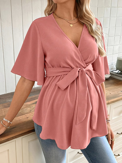 Effortless Maternity Wrap Blouse for Women with V Neck Flutter Sleeve Tie Waist Peplum Style