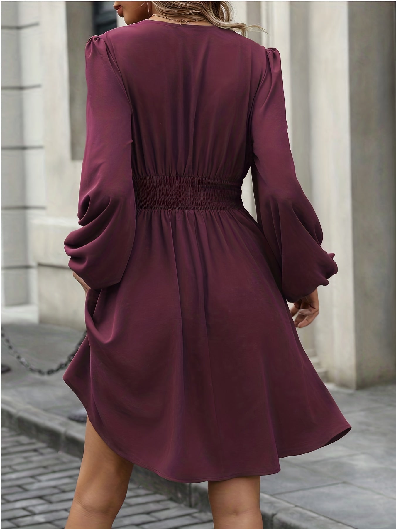 Elegant Wine Long Sleeve Mini Dress for Women with V Neck Lantern Sleeve Wrap Waist Flowy Style