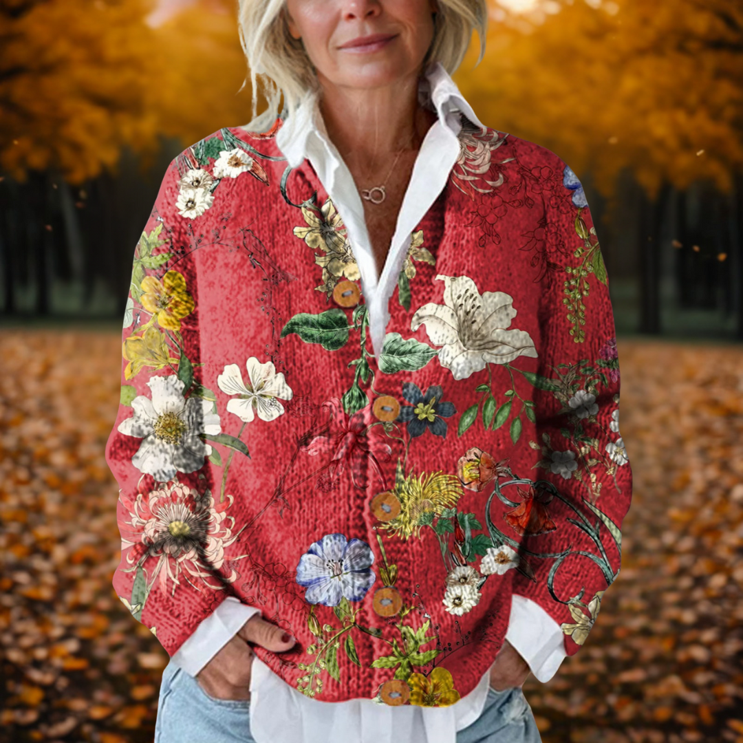 Cozy Floral Print Cardigan for Women with Button Front Collared Neck Long Sleeve Knit Vintage Style