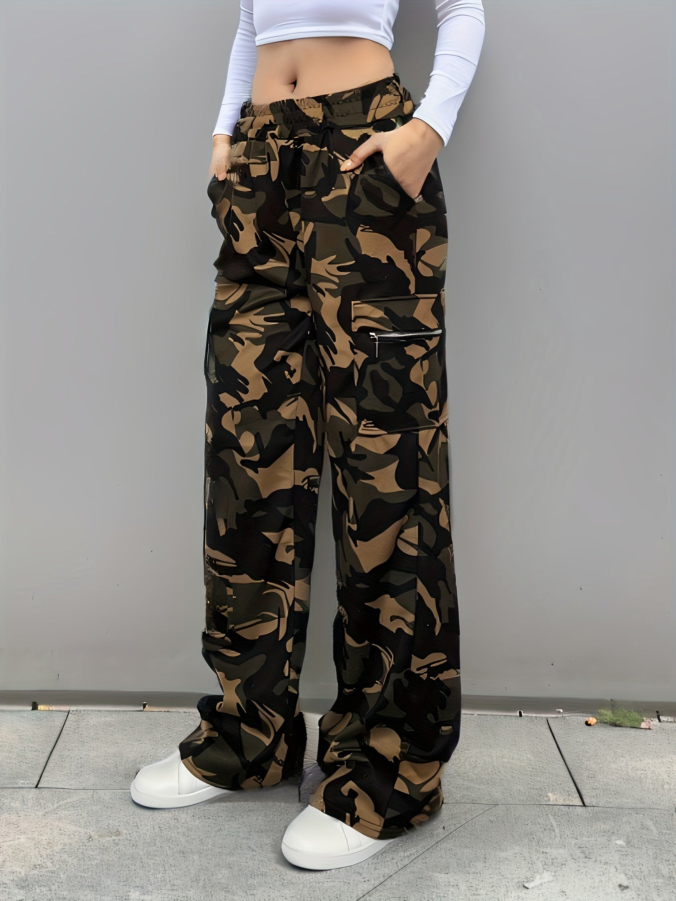 Effortless Camo Pants for Women with High Waist Drawstring Cargo Pocket Wide Leg Style