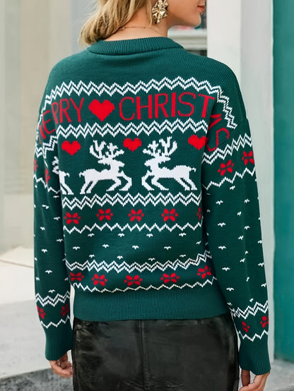 Cozy Reindeer Print Christmas Tacky Sweater for Women with Crew Neck Long Sleeve Ribbed Cuff Knit Style