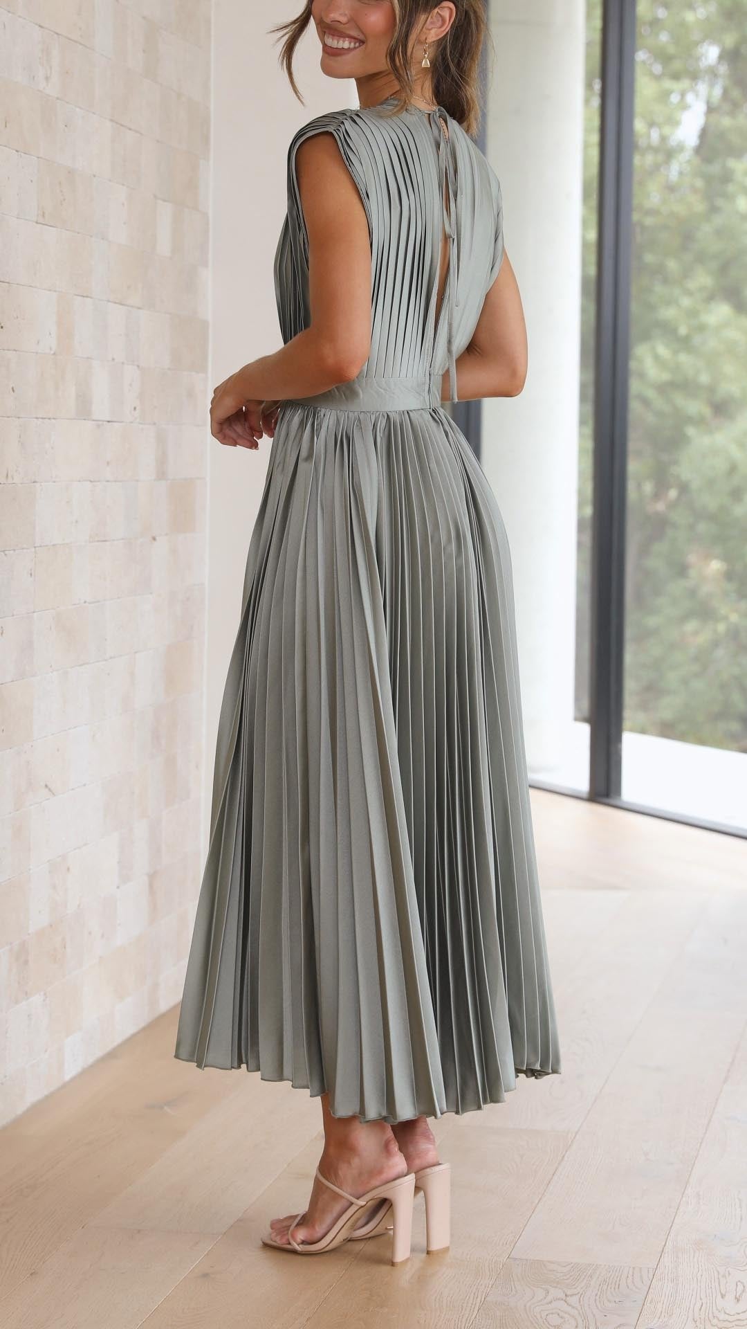 Elegant Pleated Midi Dress for Women with Deep V Neck Formal Wedding Guest Style