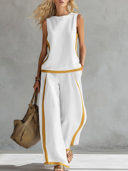 Effortless Linen Two Piece Set for Women with Contrast Piping Wide Leg Pants