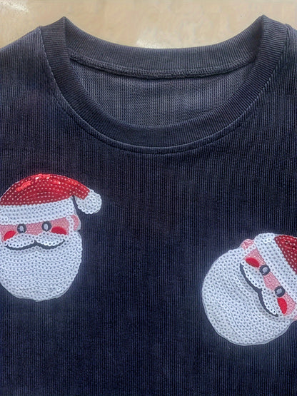 Cozy Dark Gray Santa Print Christmas Tacky Sweater for Women with Crew Neck Long Sleeve Oversized Ribbed Knit Style