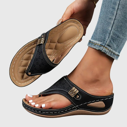 Comfortable Orthopedic Sandals for Women with Laser Cut Wedge Platform Toe Loop Buckle Flip Flop Style