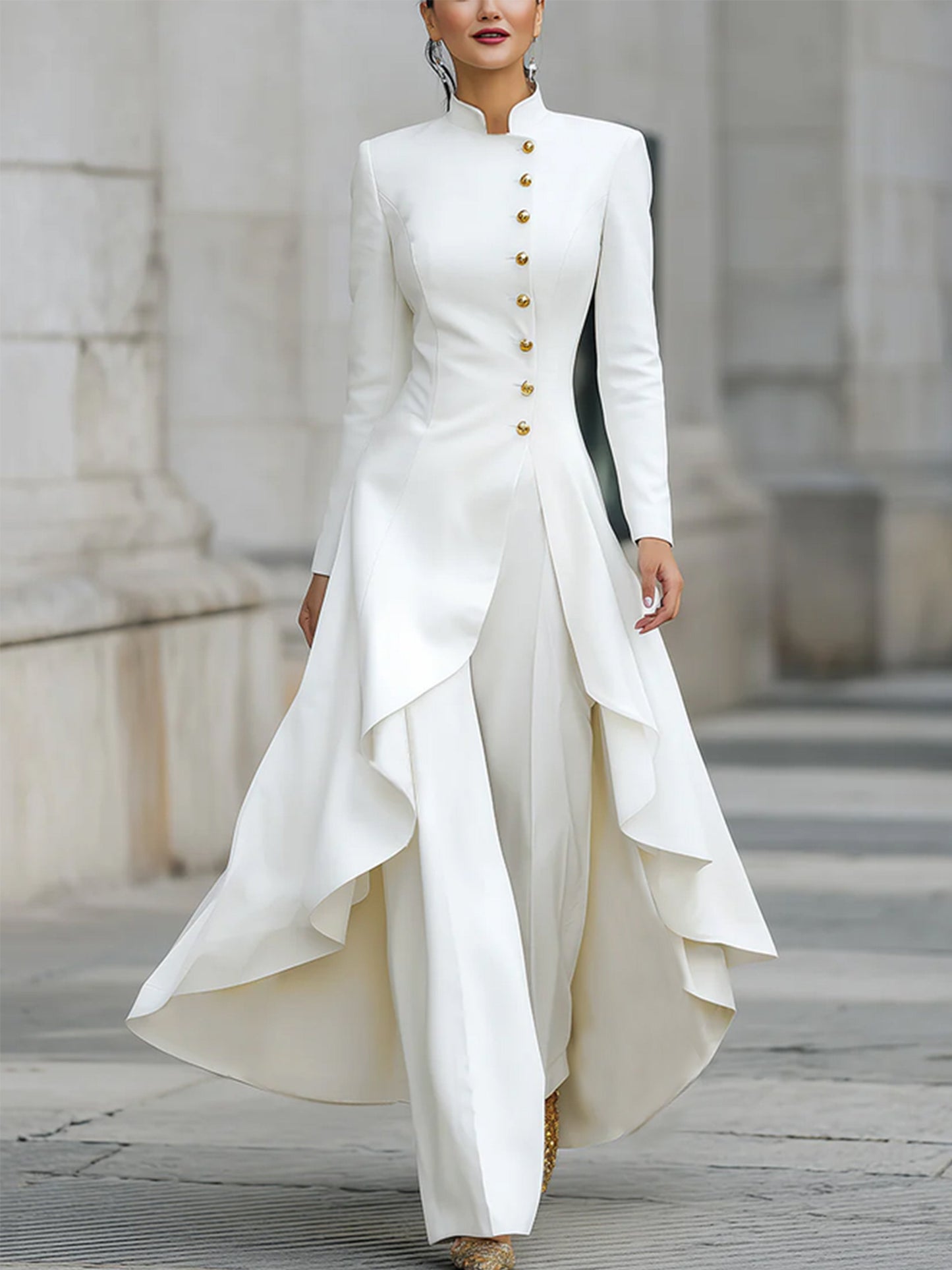 Elegant White Pant Suit for Women with Stand Collar Long Sleeve Button Front Wide Leg Two Piece Style