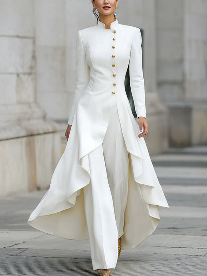 Elegant White Pant Suit for Women with Stand Collar Long Sleeve Button Front Wide Leg Two Piece Style