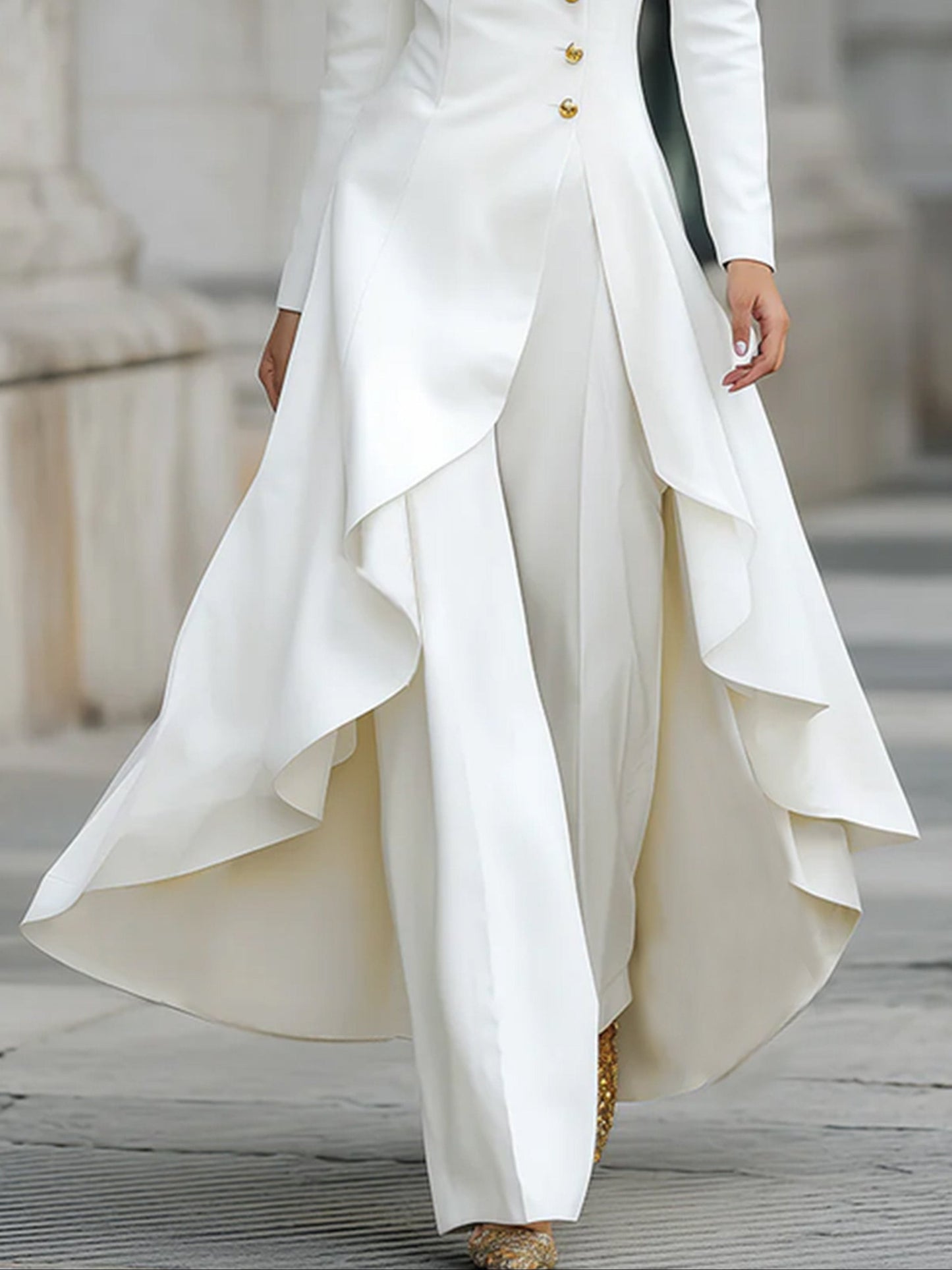 Elegant White Pant Suit for Women with Stand Collar Long Sleeve Button Front Wide Leg Two Piece Style