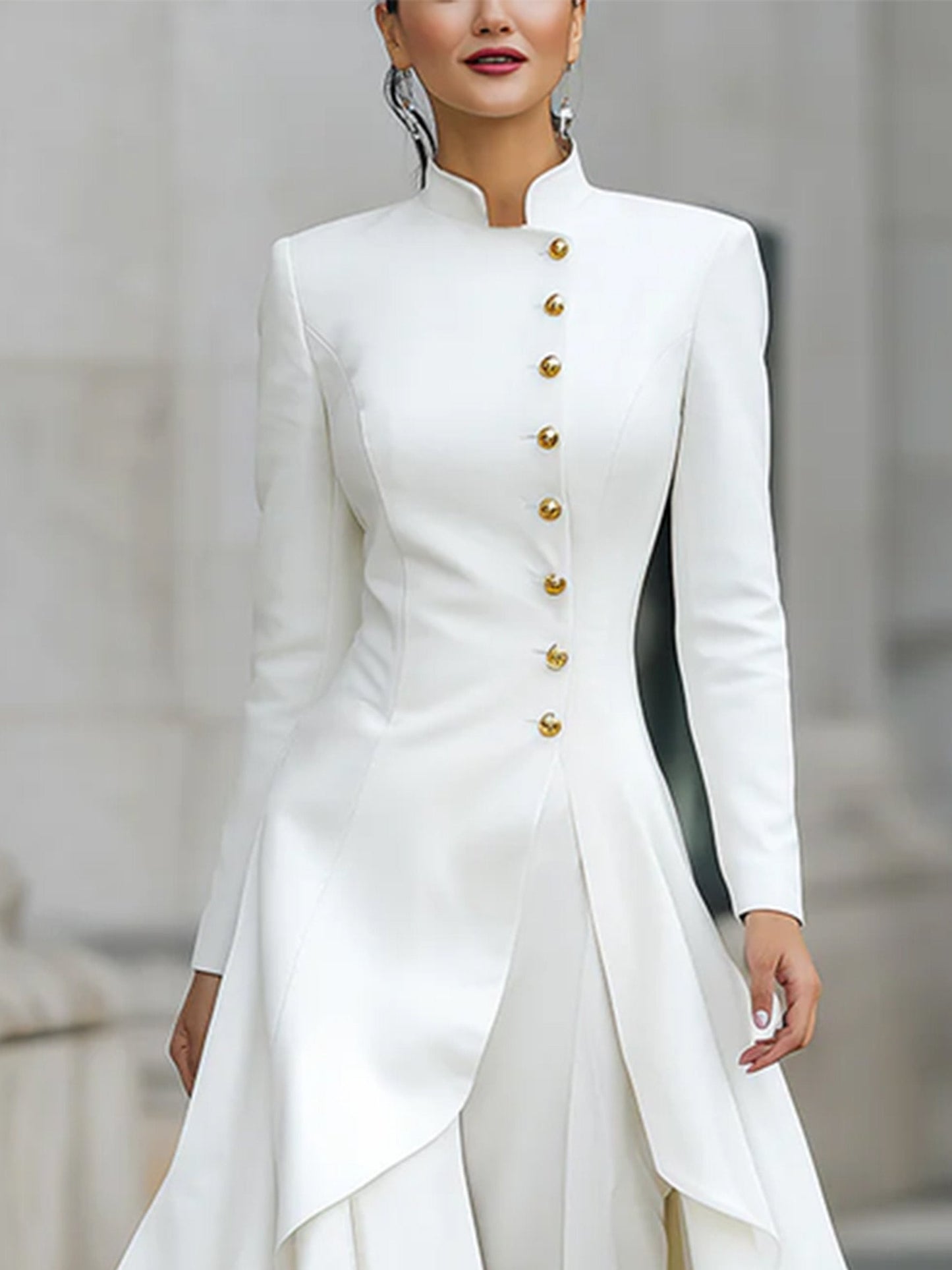Elegant White Pant Suit for Women with Stand Collar Long Sleeve Button Front Wide Leg Two Piece Style