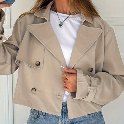 Elegant Khaki Cropped Pea Coat for Women with Notch Lapel Long Sleeve Double Breasted Casual Style