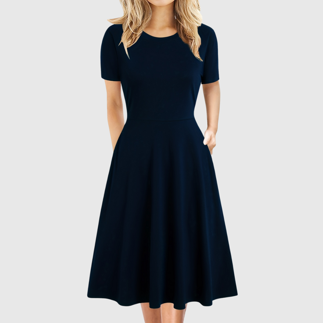Elegant A Line Dress for Women with Round Neck Short Sleeve Fit and Flare Midi Casual Retro Style