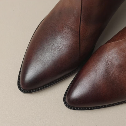 Elegant Leather Ankle Women Boots with Pointed Toe Block Heel Side Zip Style