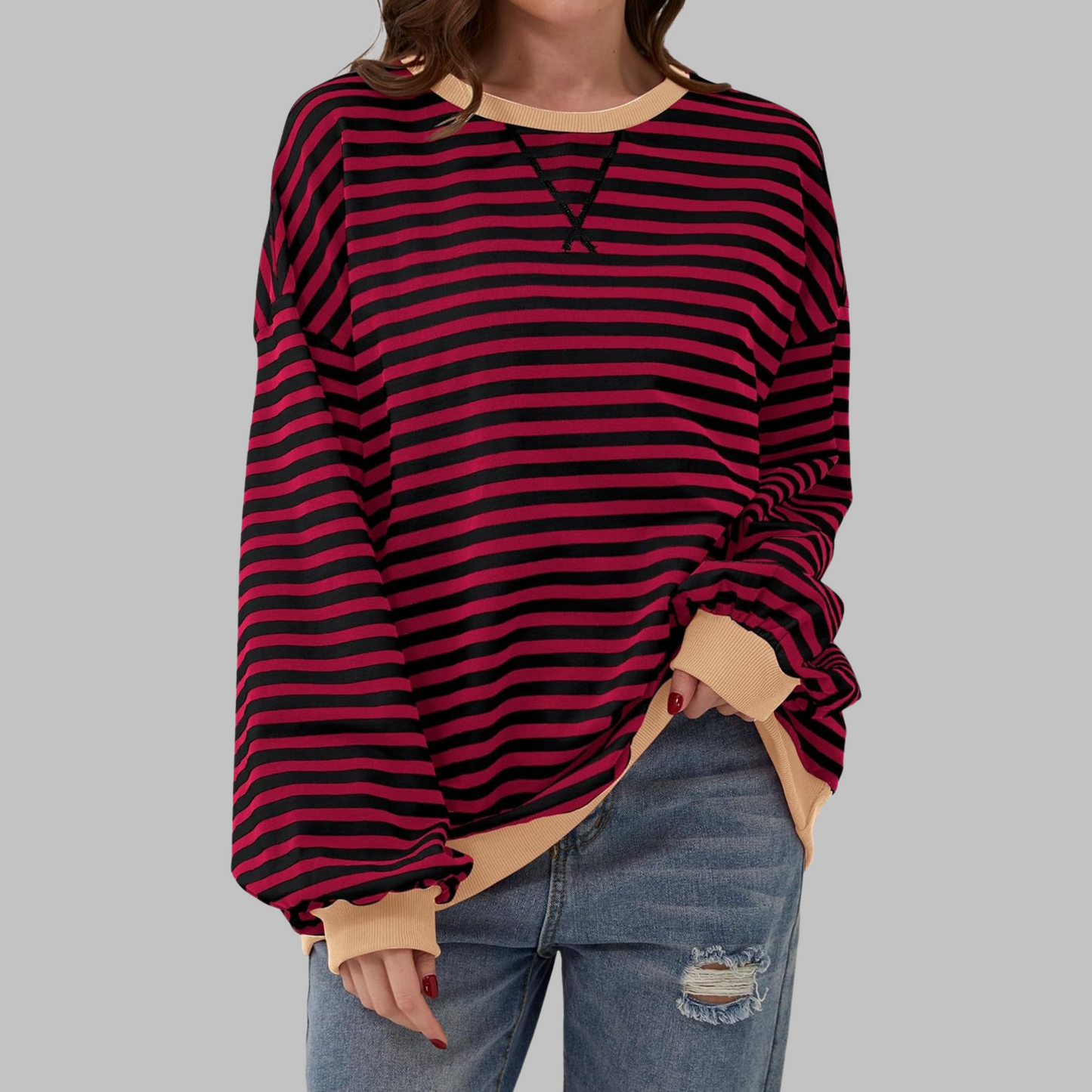 Comfortable Striped Sweatshirt for Women with Crew Neck Long Sleeve Contrast Trim Oversized Style