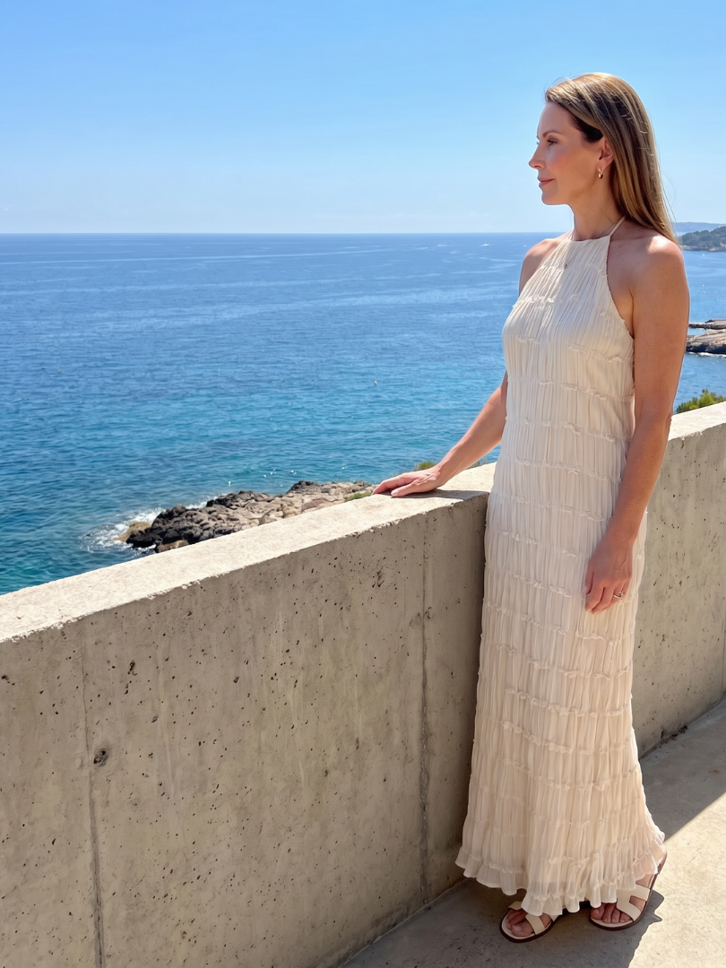 Textured Fringe Elegant Dress for Women with Halter Neck Sleeveless Tiered Maxi Flowing Style