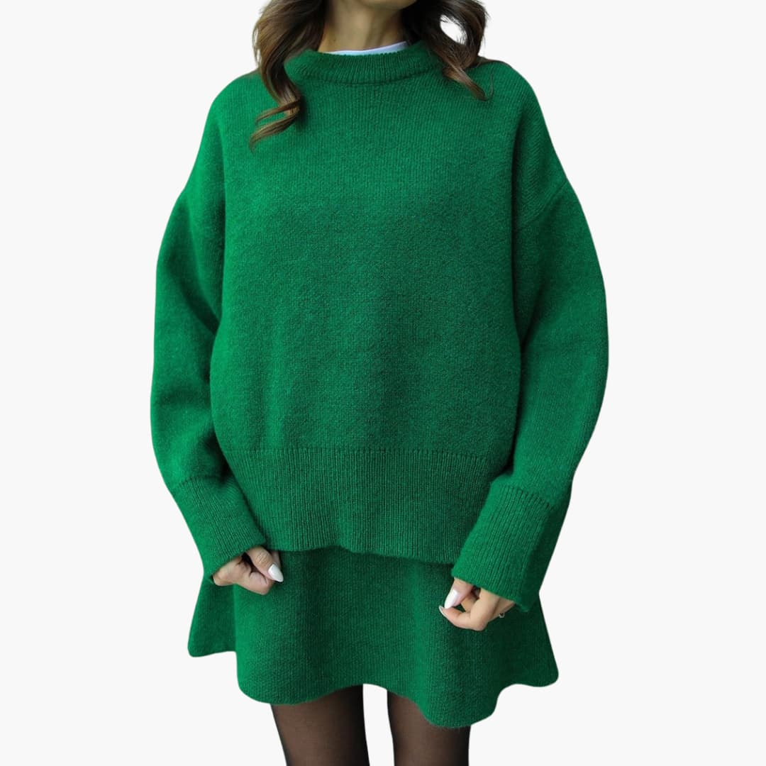 Chic Black Knit Two Piece Set for Women with Crew Neck Sweater High Waist Mini Skirt Lounge Style