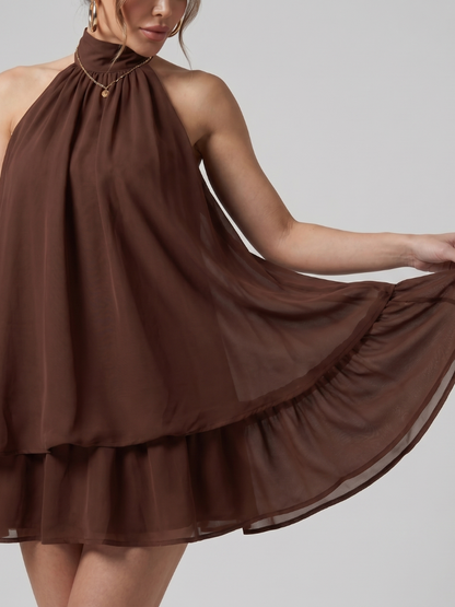 Elegant Dress for Women with High Neck Sleeveless Tiered Ruffle Flowing Cocktail Style